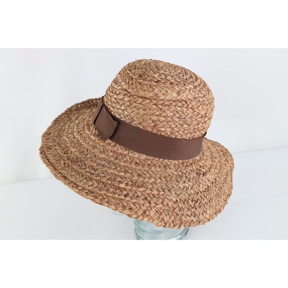 Vintage 80s 90s Boho Chic Wide Brim Raffia Straw Sun Hat Ribbon Womens OSFM main image 5